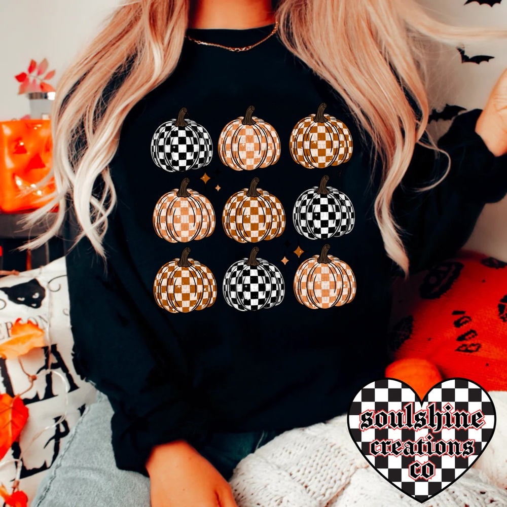 Checkered Pumpkins Halloween Fall Sweatshirt Unisex Sweater